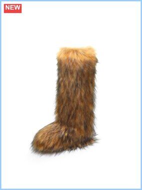 Faux Fur Knee High Winter Boots Fluffy Round Toe Warm Snow Boots